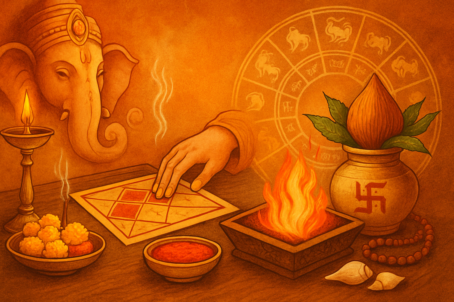 "A decorative image representing Vedic astrological remedies being practiced for good fortune and well-being."